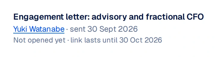 A sent engagement letter for advisory and fractional CFO work: sent 30 September 2026, not opened yet, link lasts until 30 October 2026.