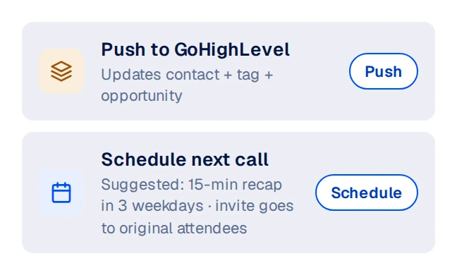 Next steps on a follow-up: Push to GoHighLevel, which updates the contact, a tag and the opportunity; and Schedule next call, suggesting a 15-minute recap in 3 weekdays with the original attendees.