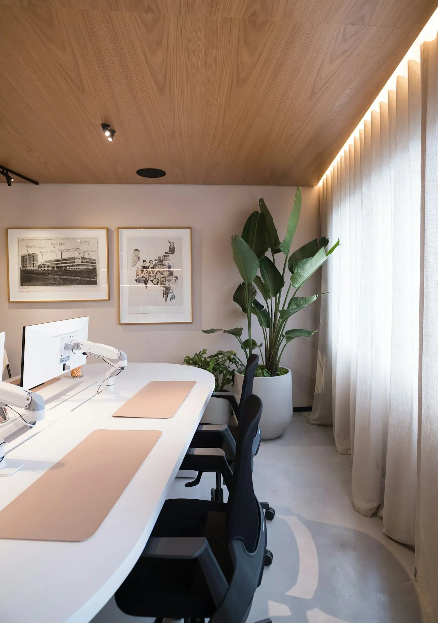 A quiet, light-filled office with a desk, framed prints and plants.